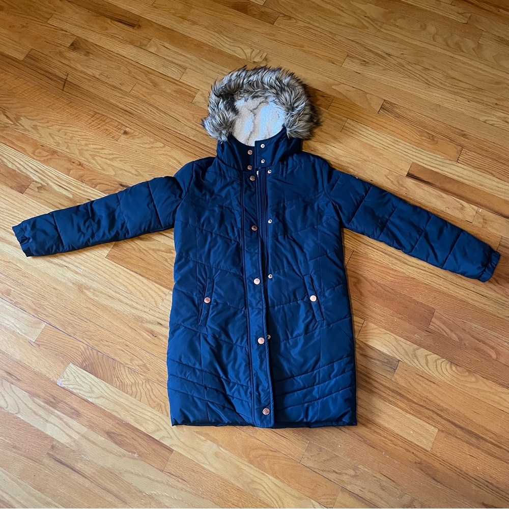 Abercrombie Kids Navy Puffer Coat with Faux Fur Hood